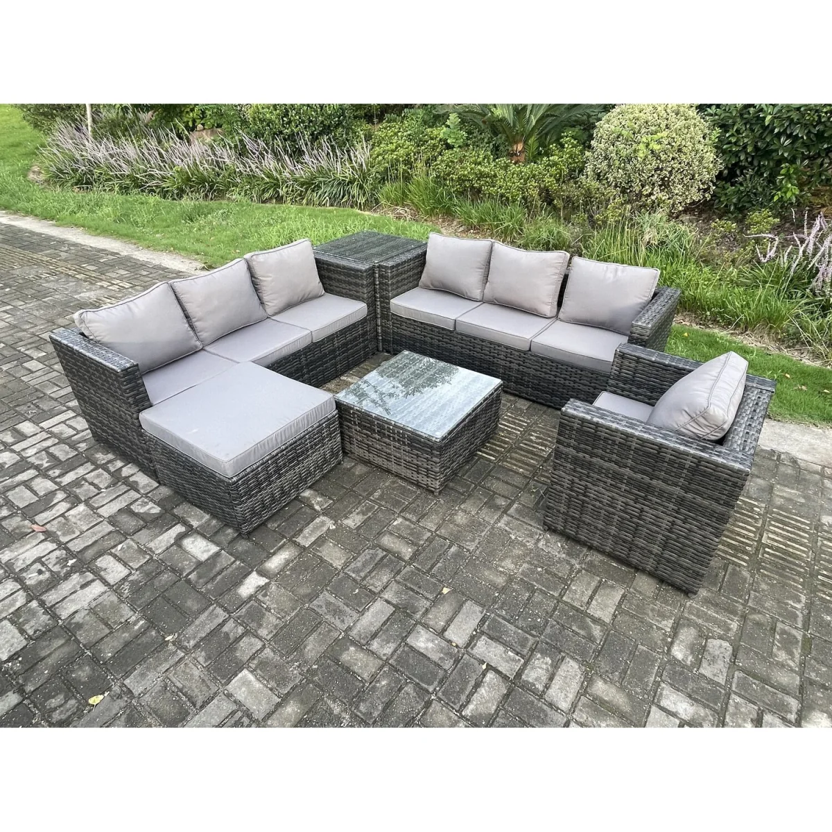 Fimous 8-Seater Rattan Set with Armchair, Coffee Table & Footstool - Dark Grey – image 3