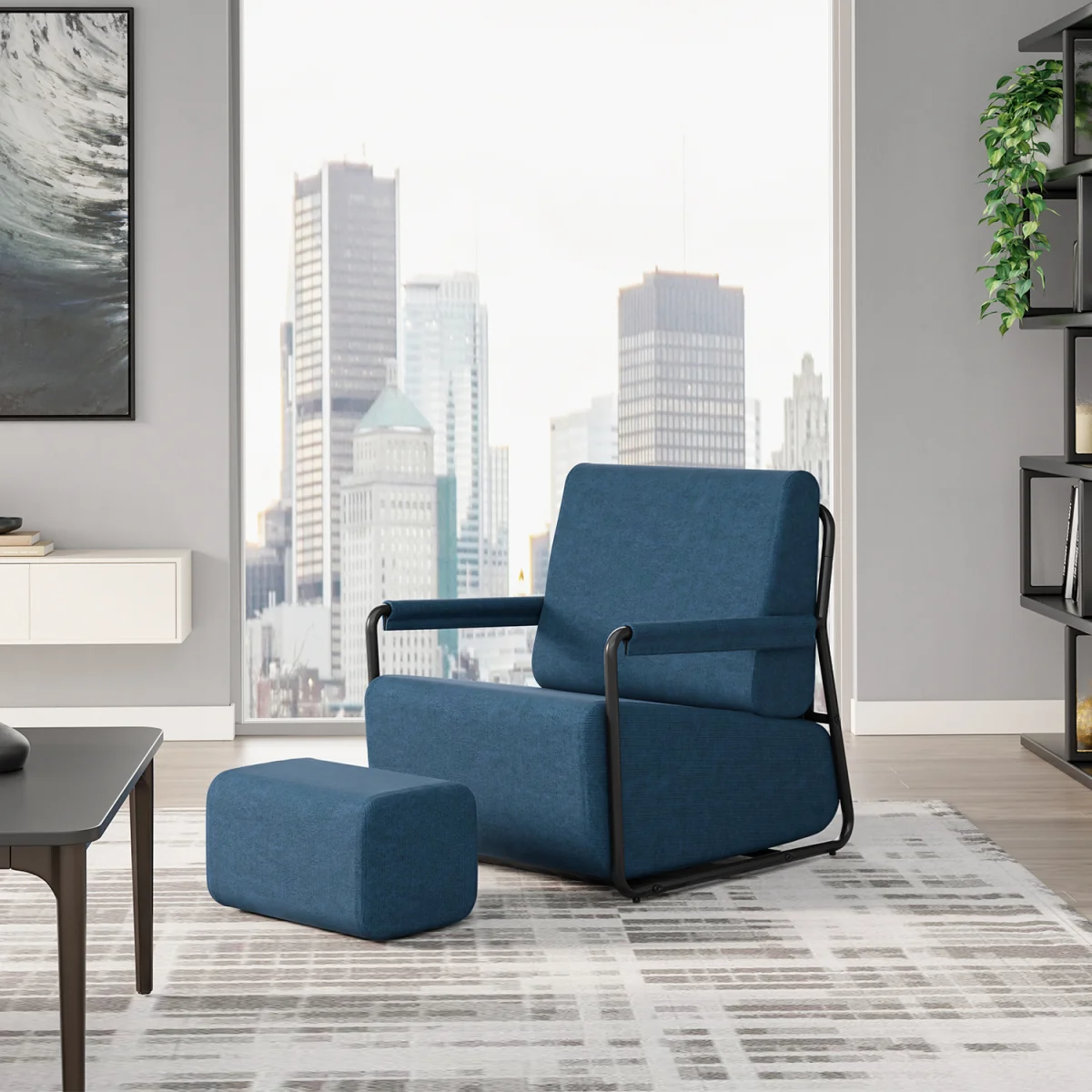 Fabric Armchair with Footstool - Dark Gray – image 2