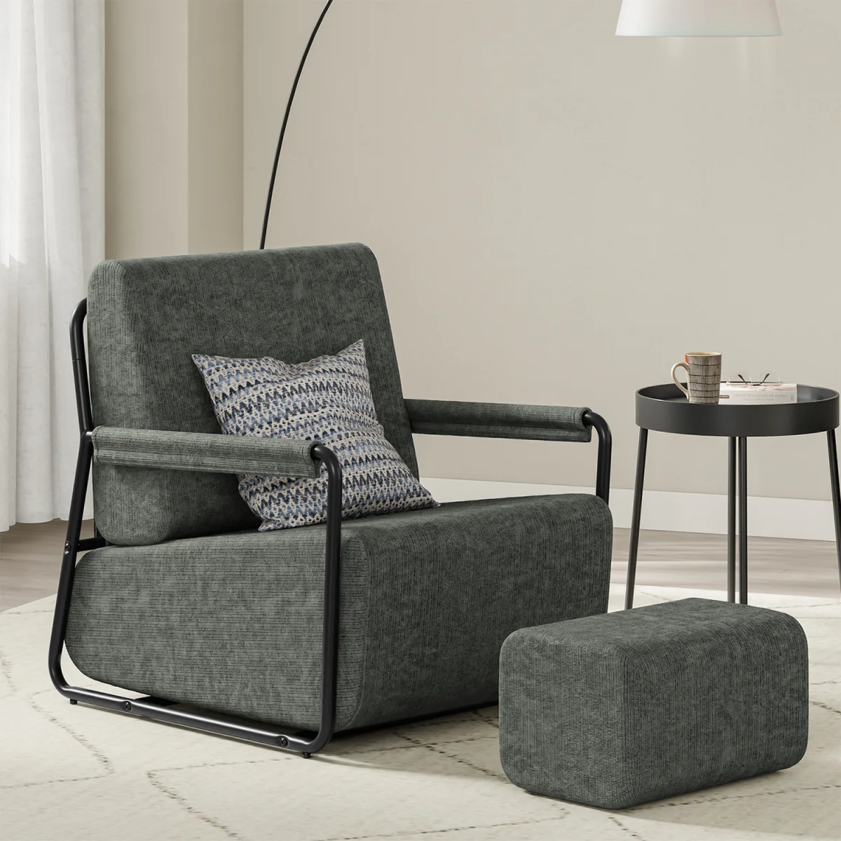 Fabric Armchair with Footstool - Dark Gray – image 34
