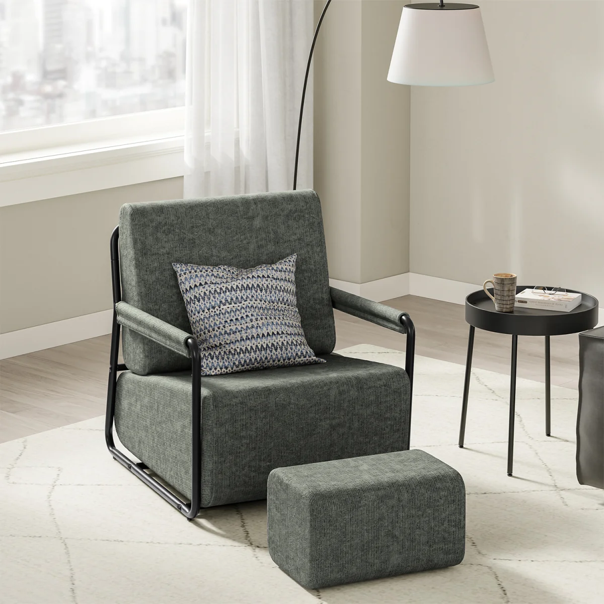 Fabric Armchair with Footstool - Dark Gray – image 38
