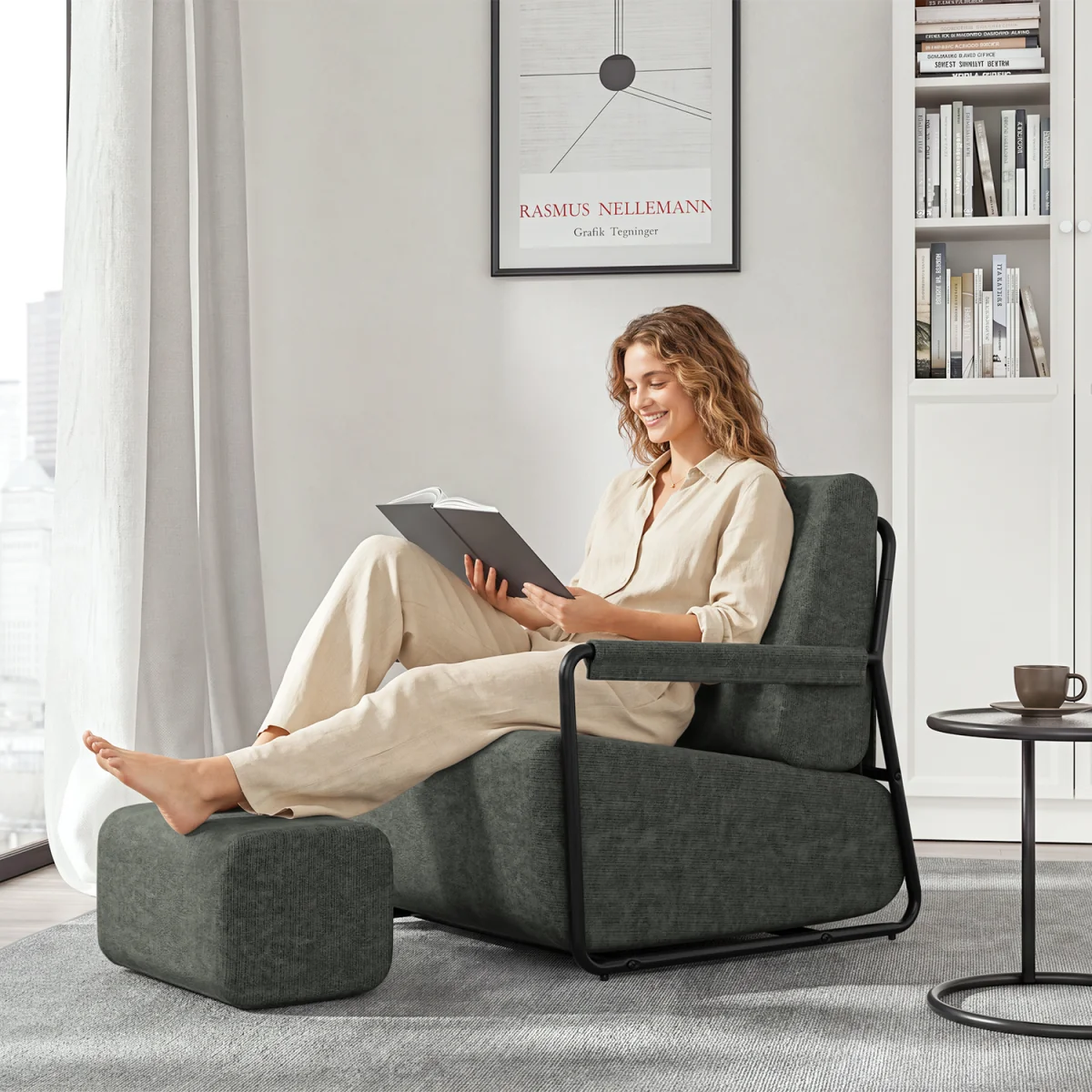 Fabric Armchair with Footstool - Dark Gray – image 39