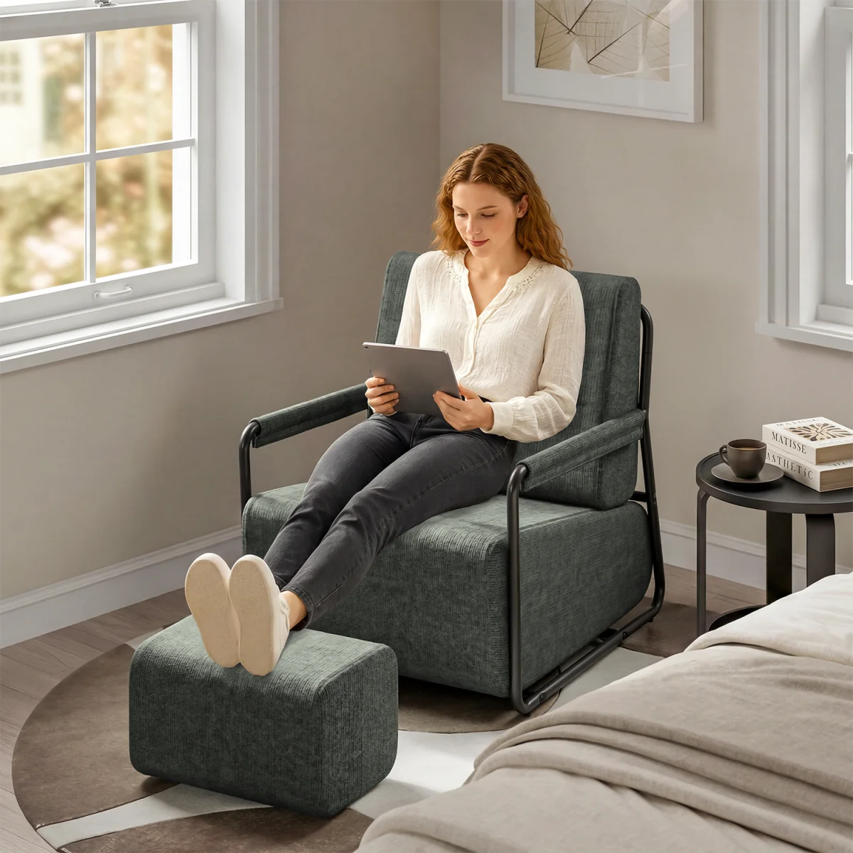 Fabric Armchair with Footstool - Dark Gray – image 40