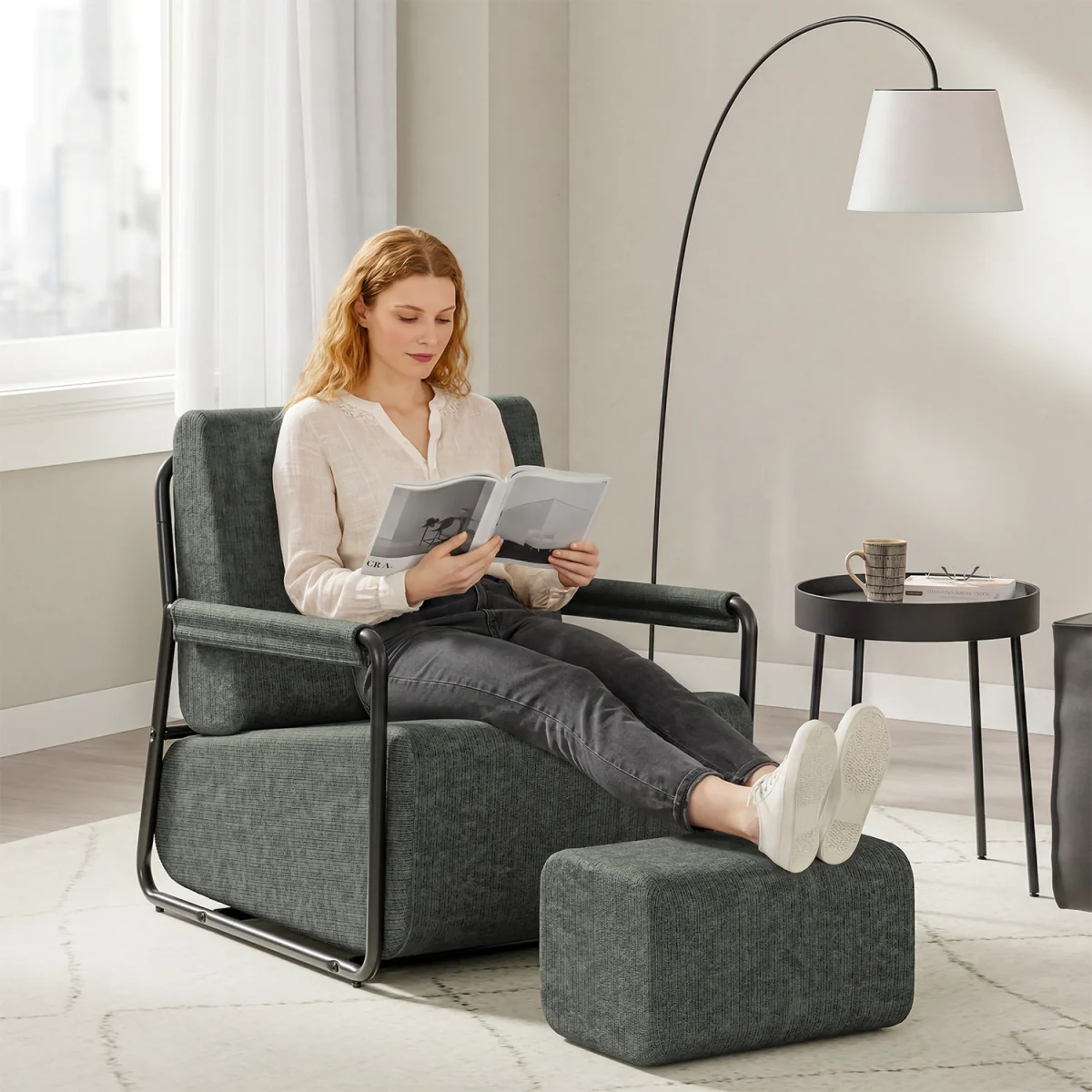 Fabric Armchair with Footstool - Dark Gray – image 42
