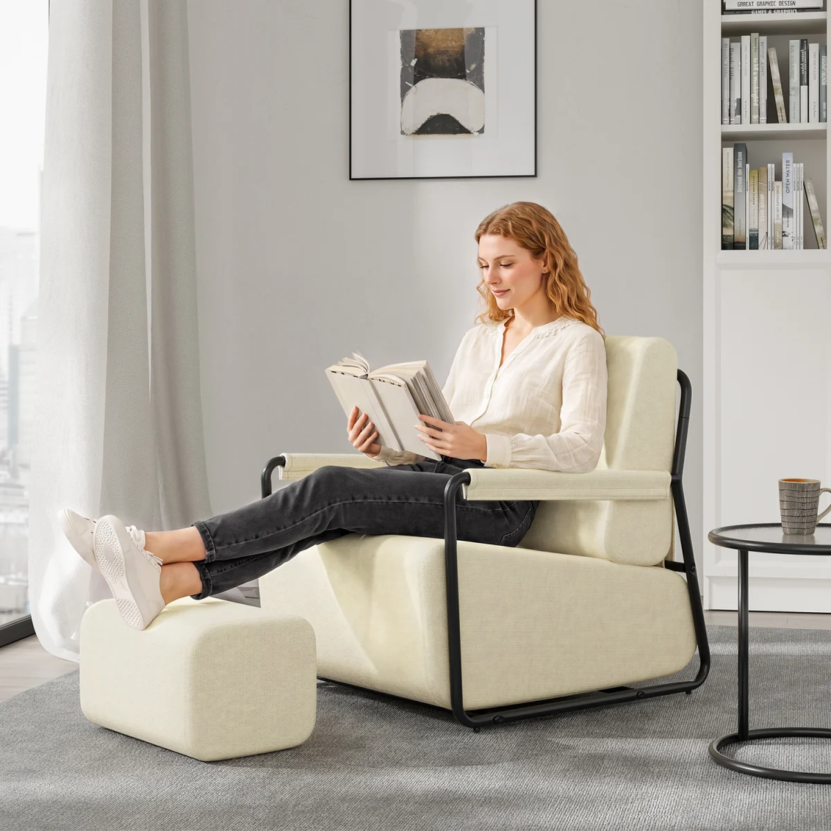 Fabric Armchair with Footstool - Dark Gray – image 60