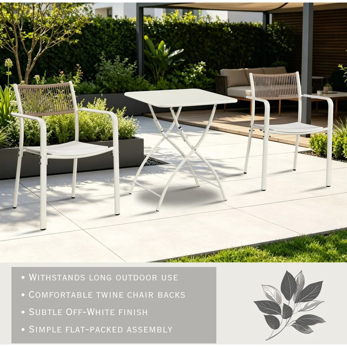 3 Piece Square Bistro Set, Pair Rope Back Armchairs, Metal Folding Table - White – image 4