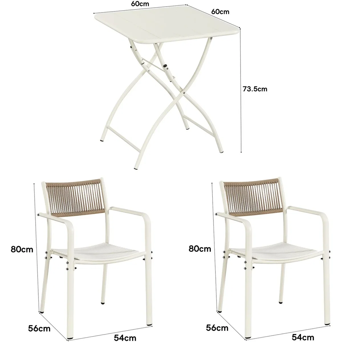 3 Piece Square Bistro Set, Pair Rope Back Armchairs, Metal Folding Table - White – image 5