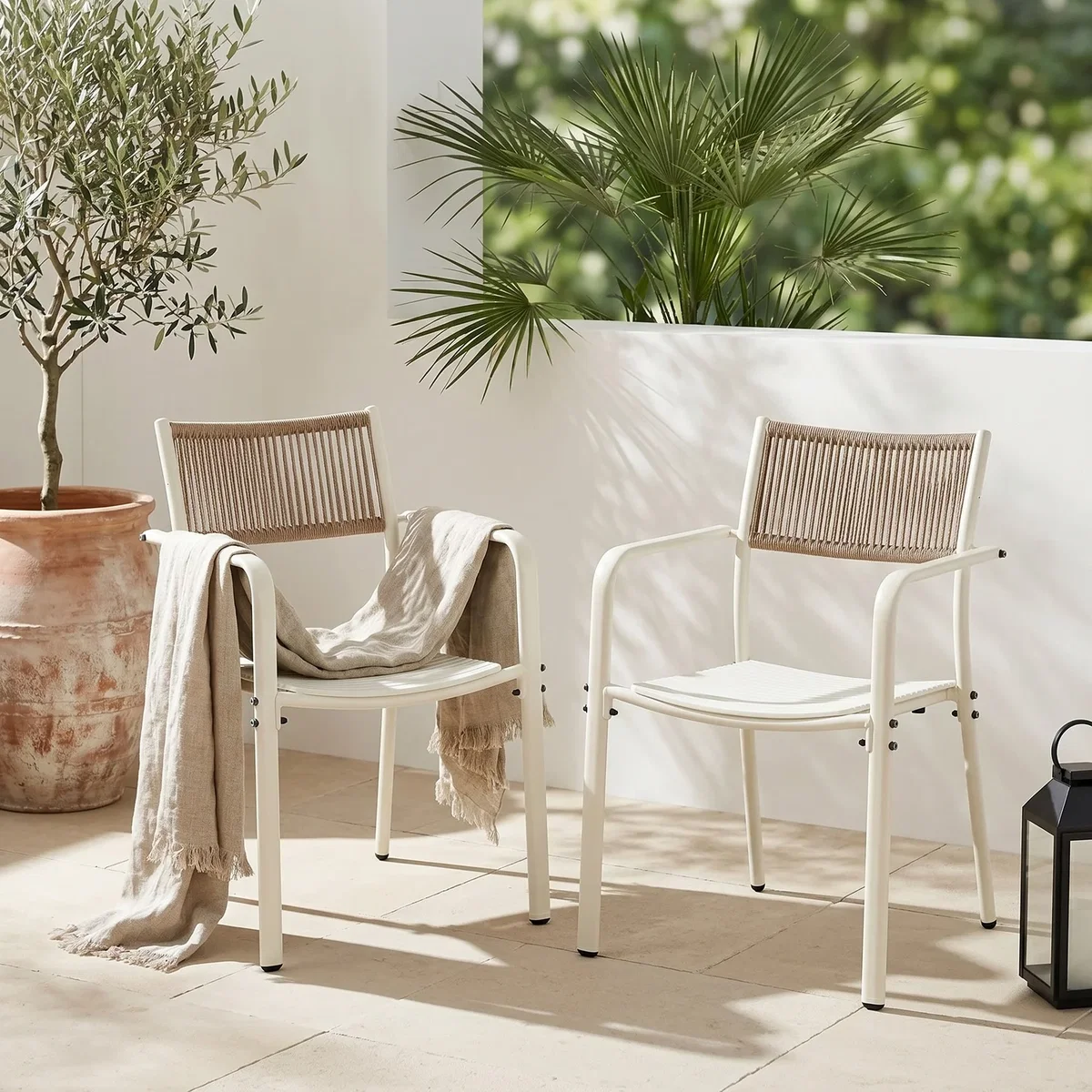 3 Piece Square Bistro Set, Pair Rope Back Armchairs, Metal Folding Table - White – image 6