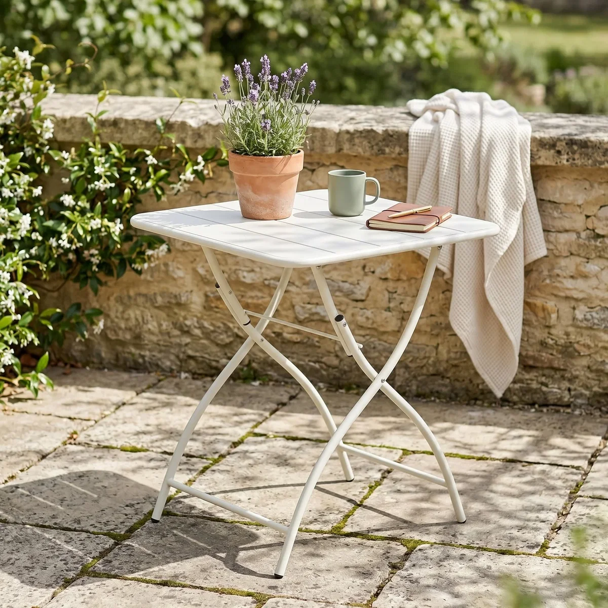 3 Piece Square Bistro Set, Pair Rope Back Armchairs, Metal Folding Table - White – image 7