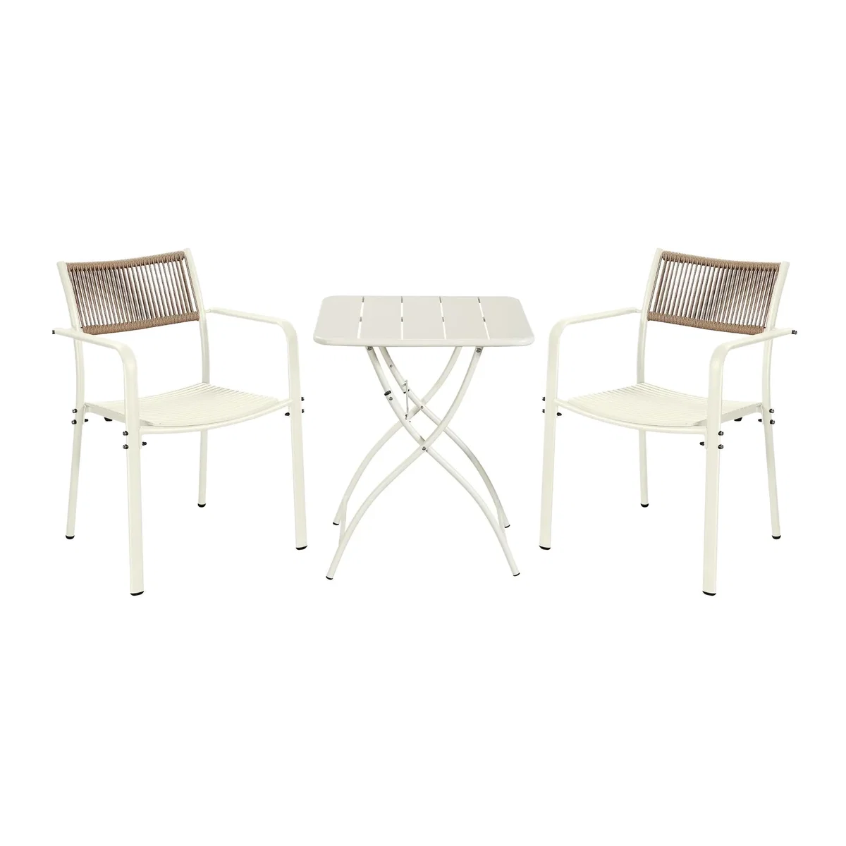 3 Piece Square Bistro Set, Pair Rope Back Armchairs, Metal Folding Table - White – image 1