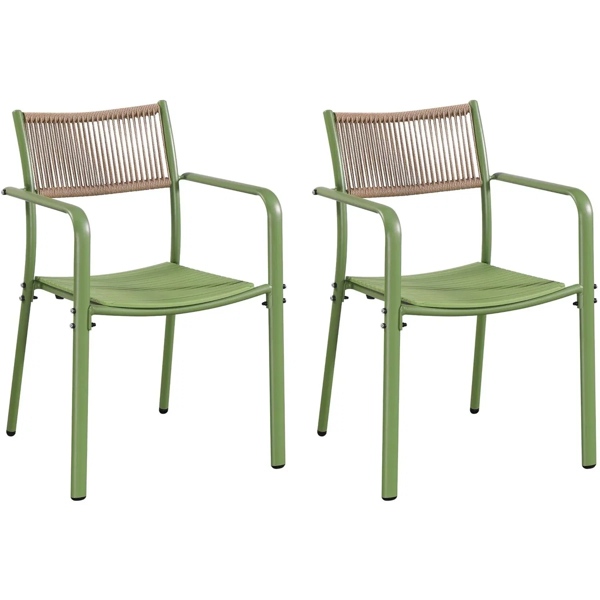 3 Piece Square Bistro Set, Pair Rope Back Armchairs, Metal Folding Table - Moss Green – image 4