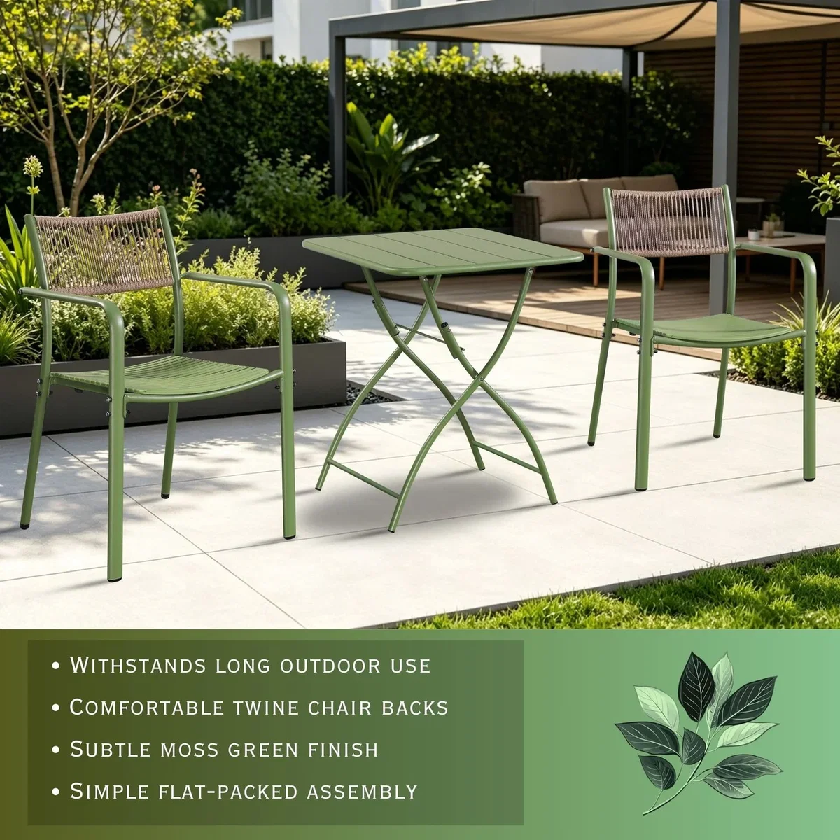 3 Piece Square Bistro Set, Pair Rope Back Armchairs, Metal Folding Table - Moss Green – image 5