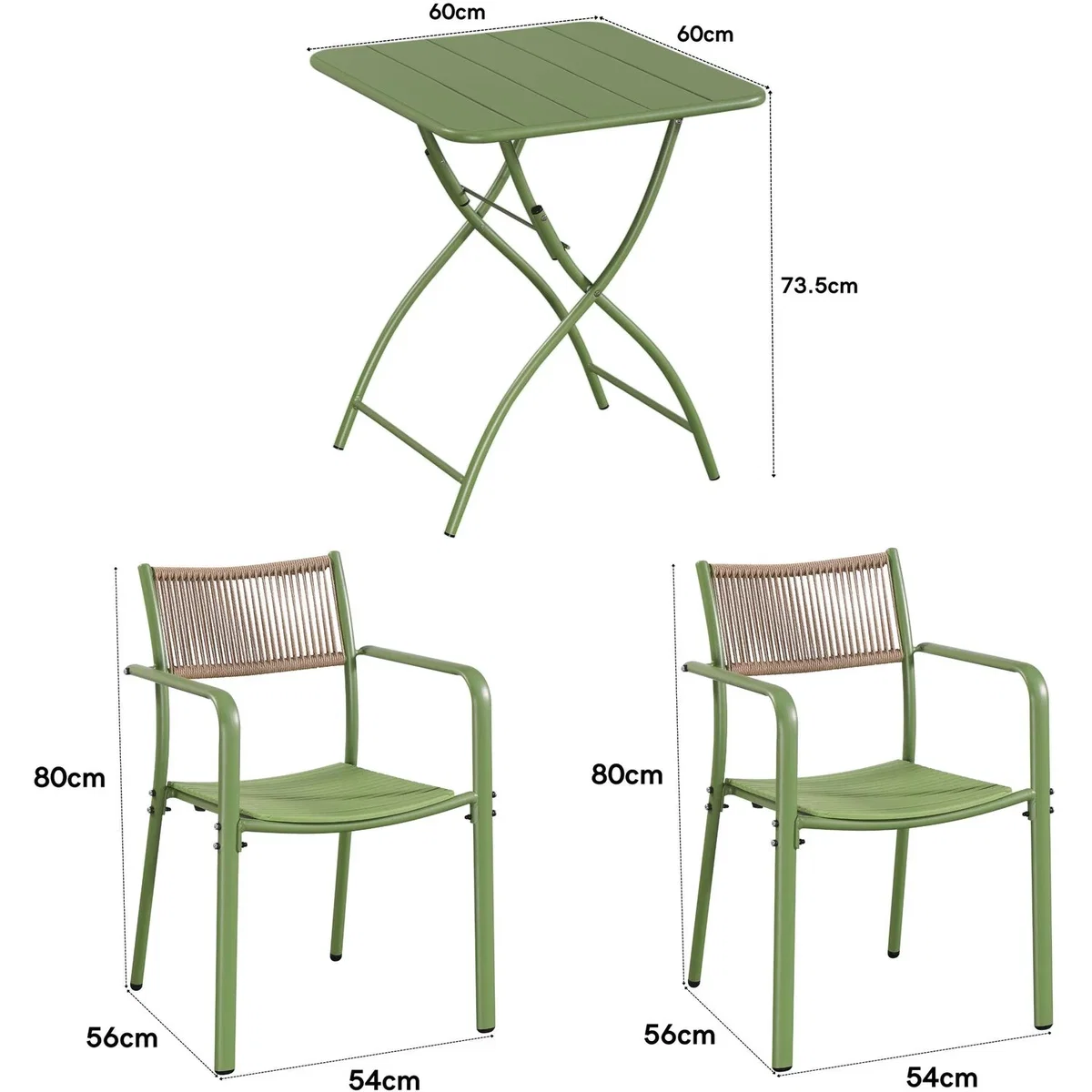 3 Piece Square Bistro Set, Pair Rope Back Armchairs, Metal Folding Table - Moss Green – image 6