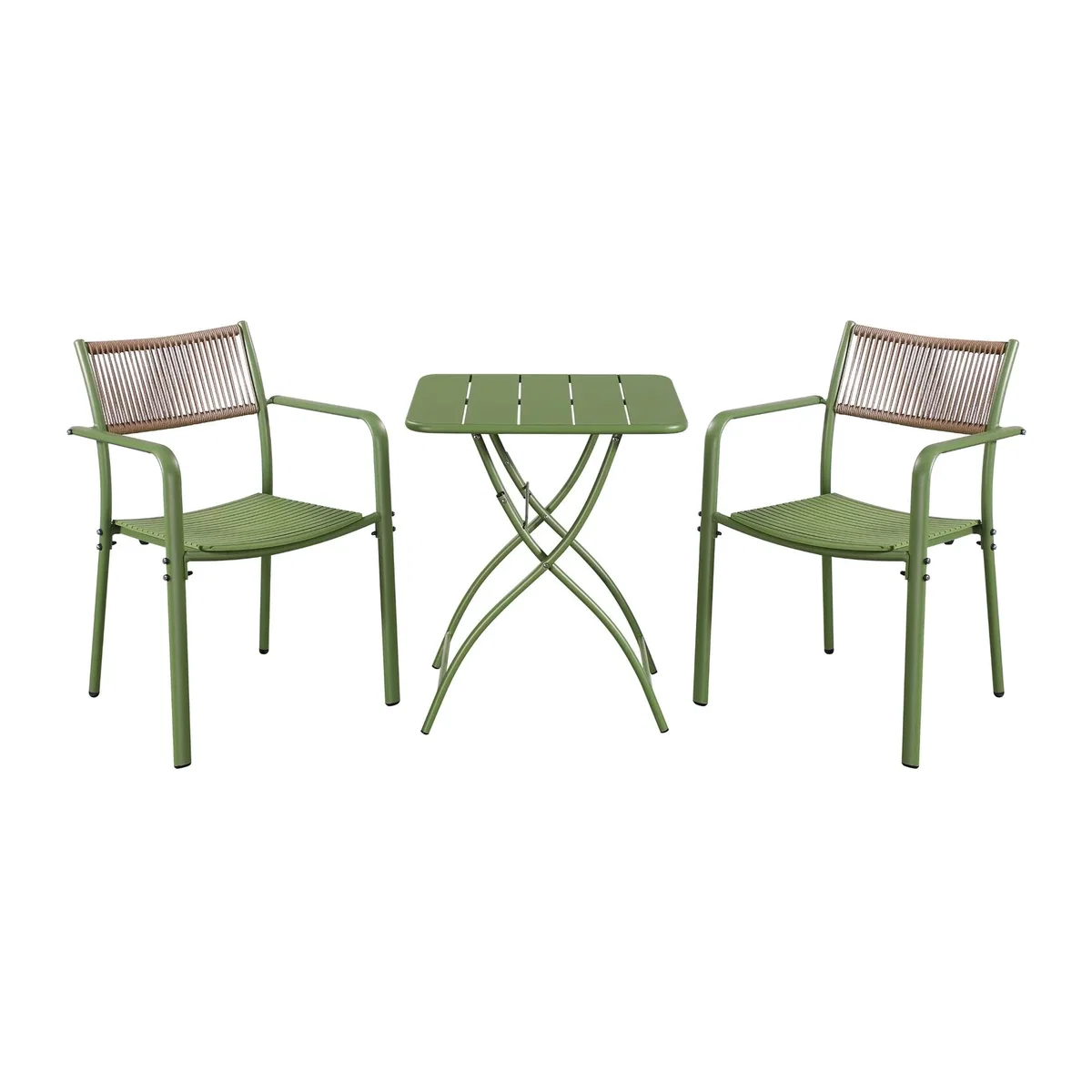 3 Piece Square Bistro Set, Pair Rope Back Armchairs, Metal Folding Table - Moss Green – image 1