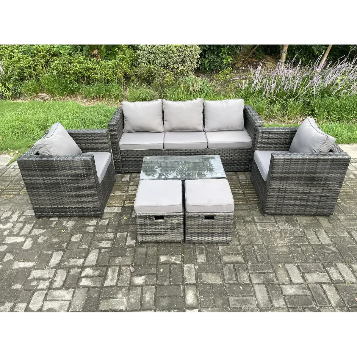 Fimous Rattan Lounge Set with Sofa, Coffee Table, Armchairs & Stools - Dark Grey – image 3