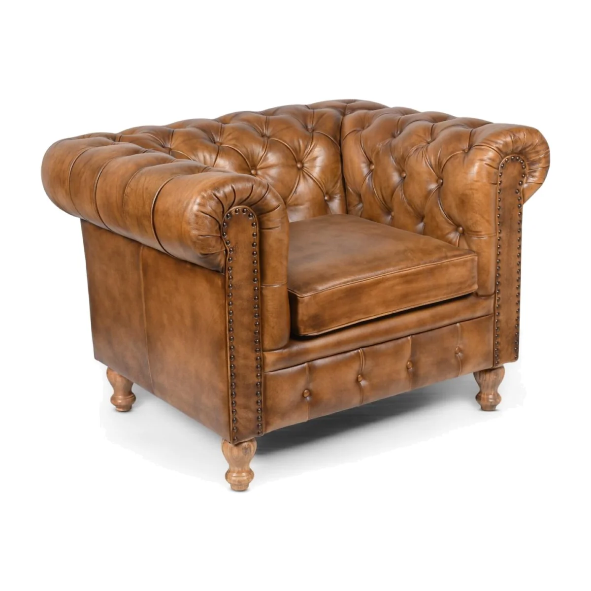 Genuine Brown Tan Leather Chesterfield Armchair Queen Anne Wing Back Fire