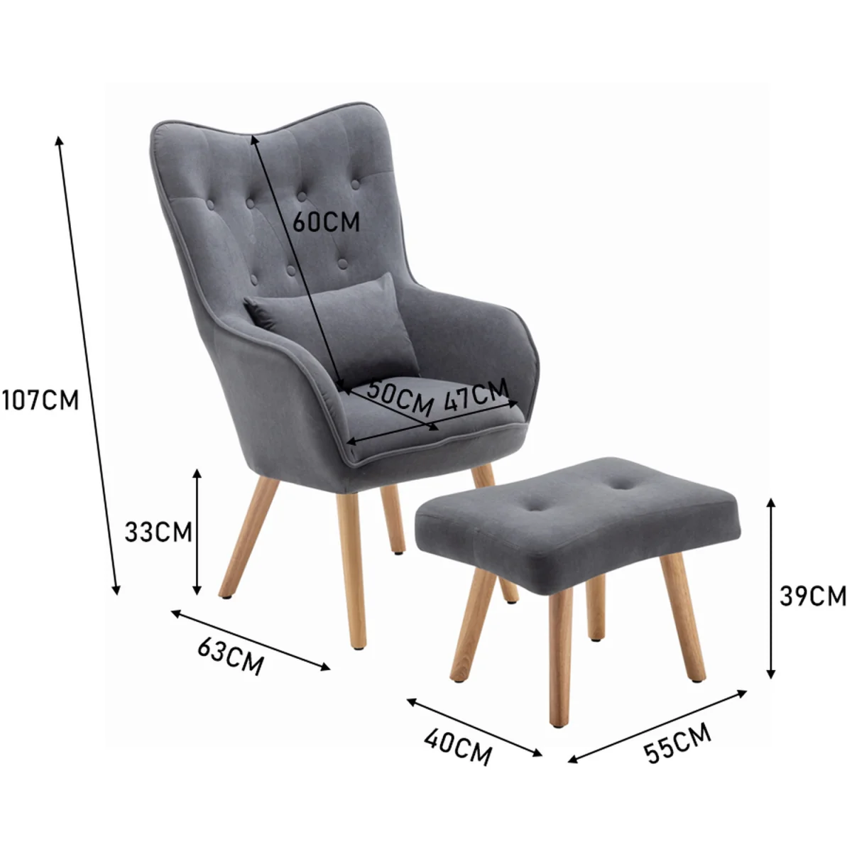Velvet Armchair with Footstool - Grey – image 2