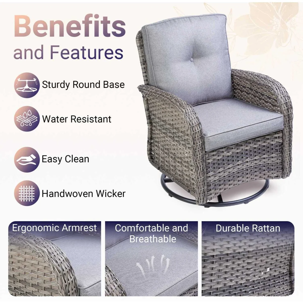 BIRCHTREE 3 Piece Rattan Armchair Table Set Grey - Grey – image 2