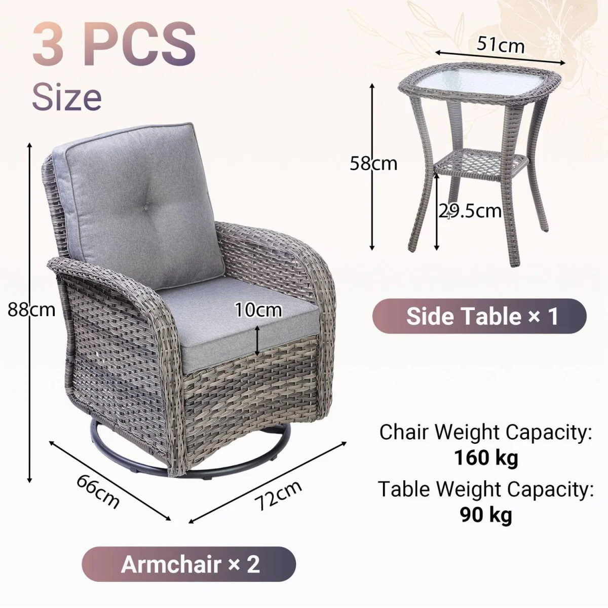 BIRCHTREE 3 Piece Rattan Armchair Table Set Grey - Grey – image 9