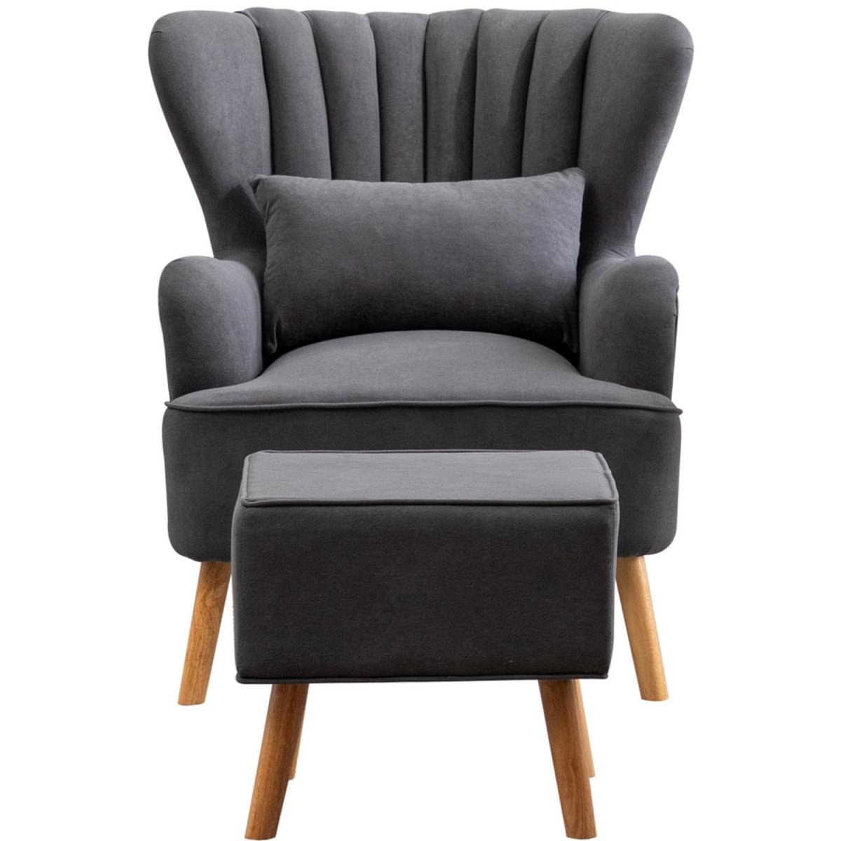 Velvet Wingback Chair with Footstool - Grey – image 2