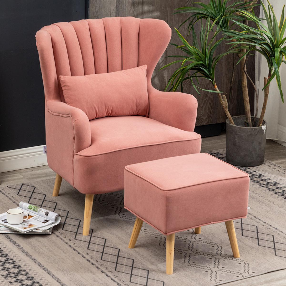 Velvet Wingback Chair with Footstool - Grey – image 11
