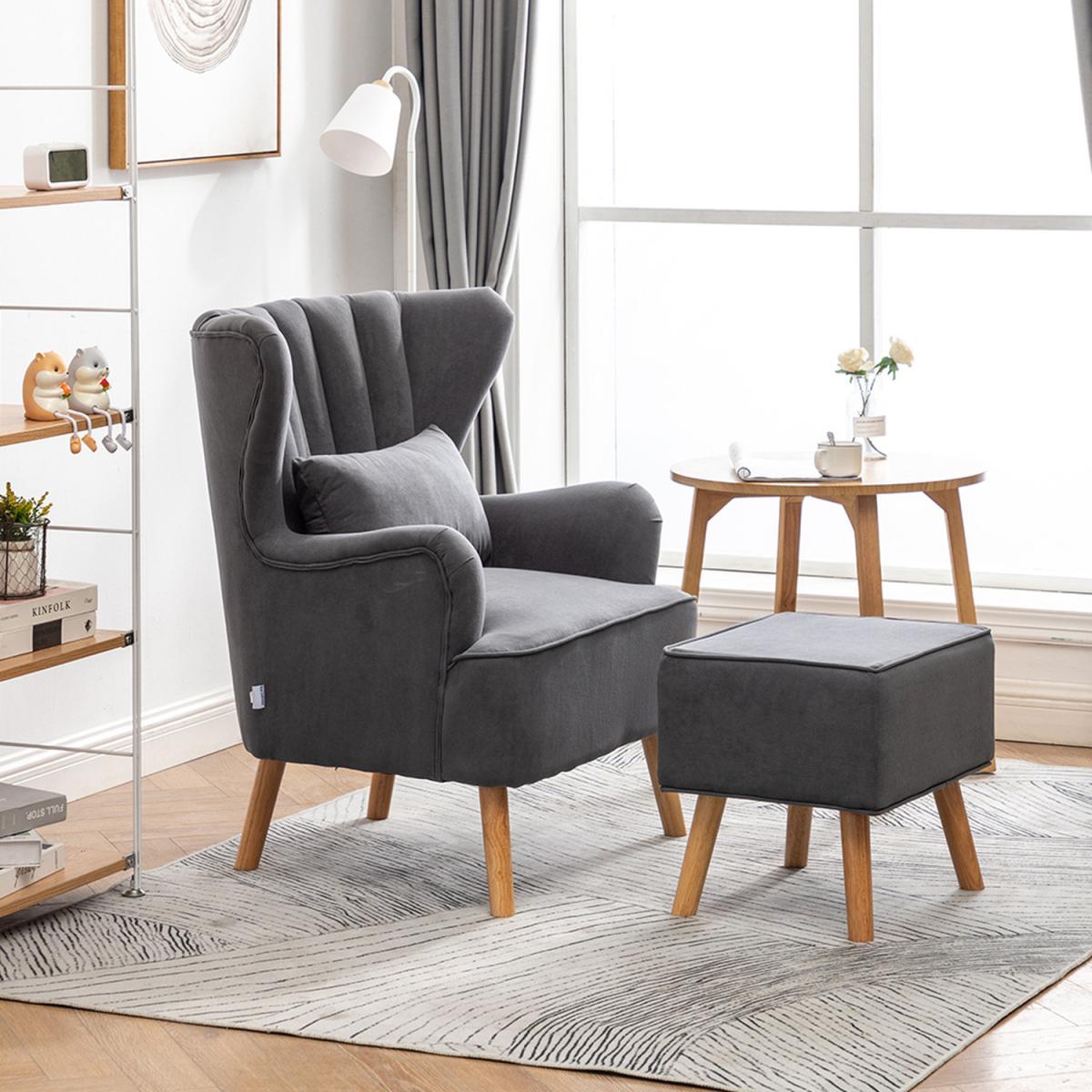 Velvet Wingback Chair with Footstool - Grey – image 5