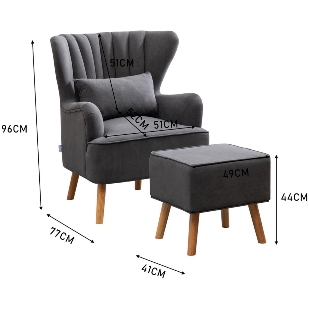 Velvet Wingback Chair with Footstool - Grey – image 6