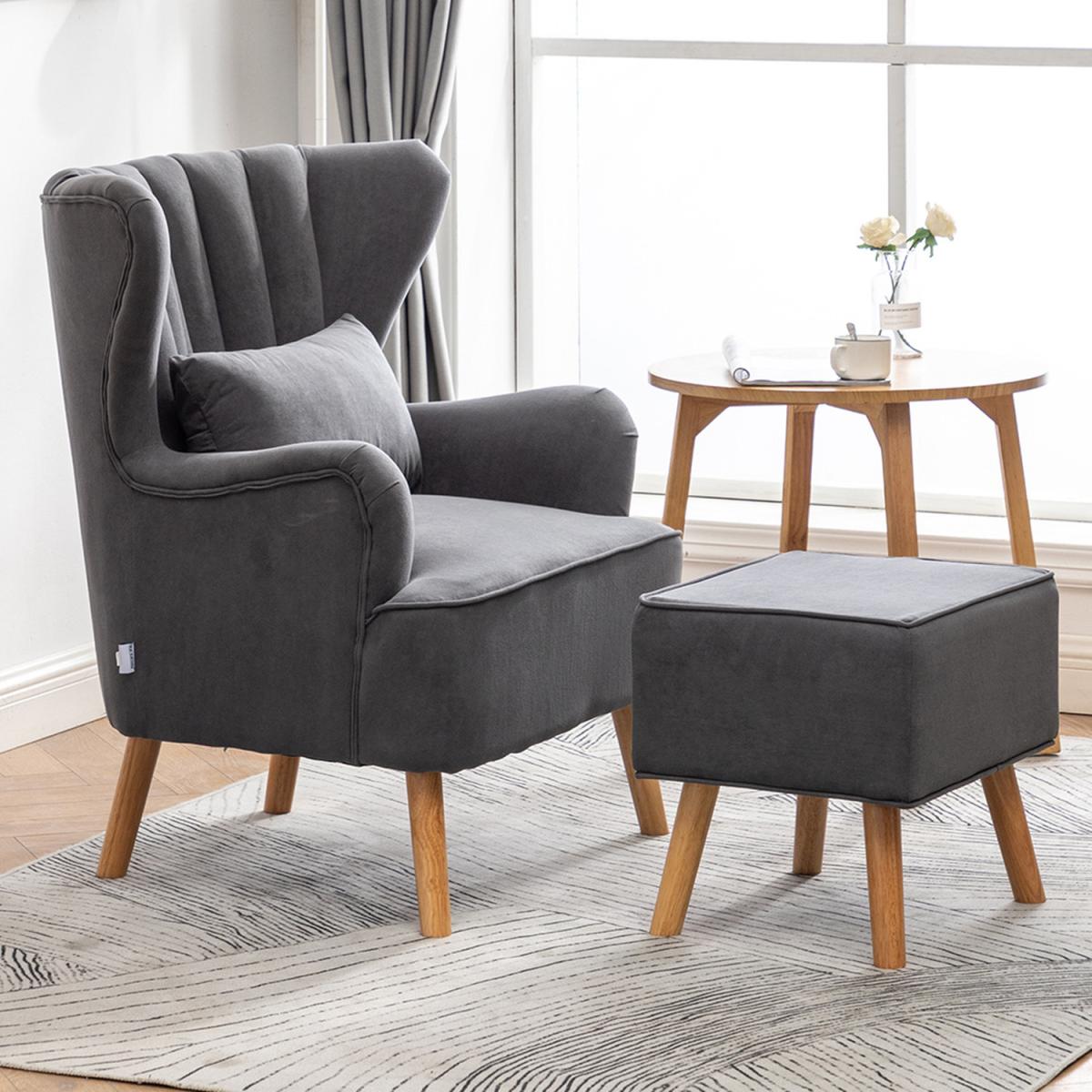 Velvet Wingback Chair with Footstool - Grey – image 7