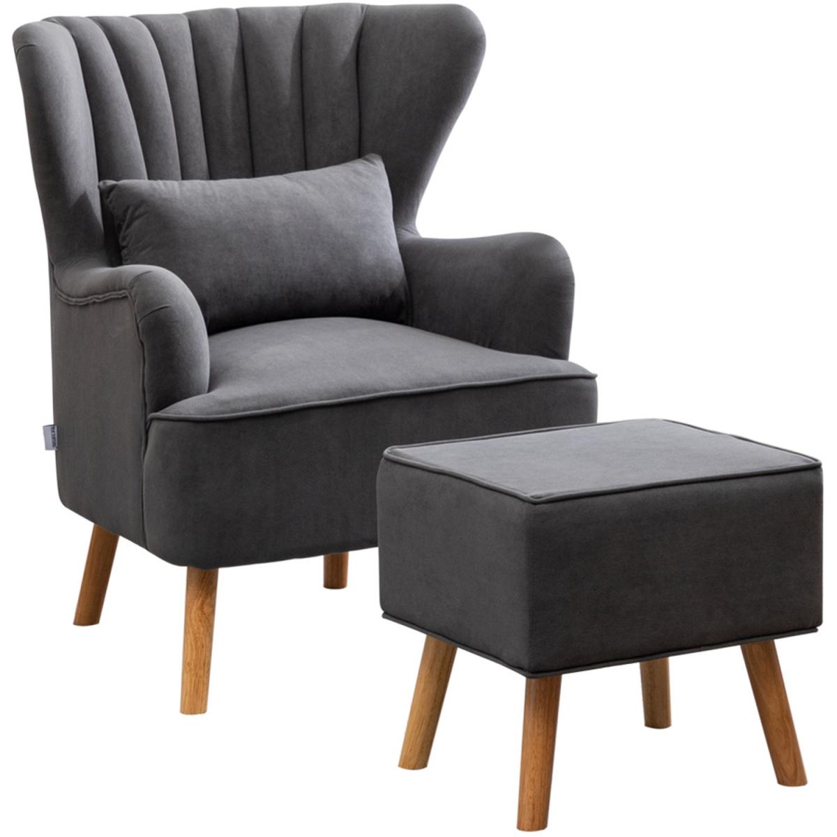Velvet Wingback Chair with Footstool - Grey – image 9