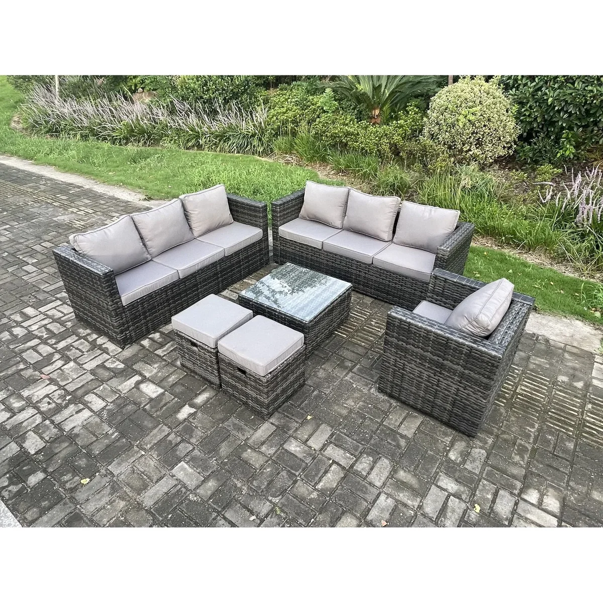 Fimous 9-Seater Rattan Set with Armchair, Coffee Table & Stools - Dark Grey – image 3