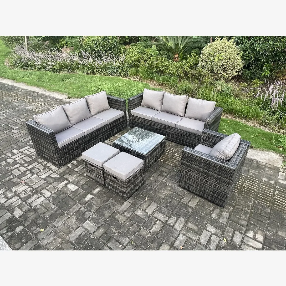 Fimous 9-Seater Rattan Set with Armchair, Coffee Table & Stools - Dark Grey – image 1