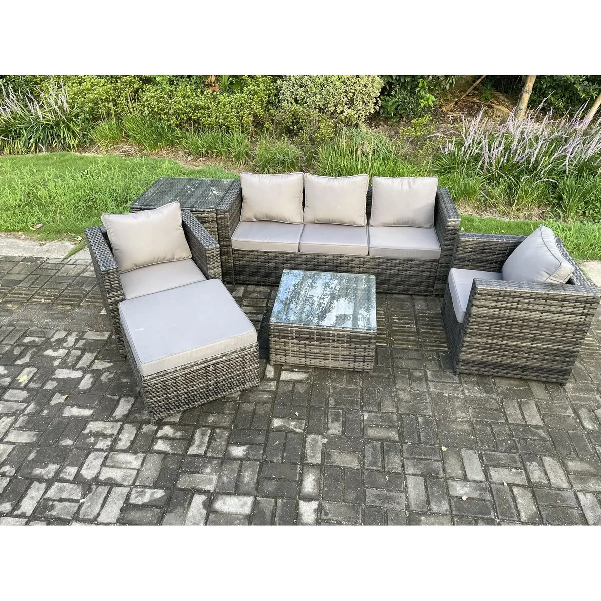 Fimous 6-Seater Rattan Set with Armchair, Coffee Table & Footstool - Dark Grey – image 3