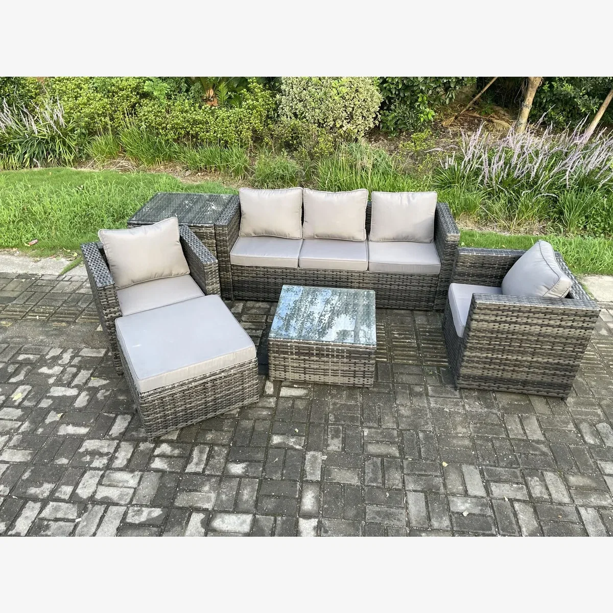 Fimous 6-Seater Rattan Set with Armchair, Coffee Table & Footstool - Dark Grey – image 1