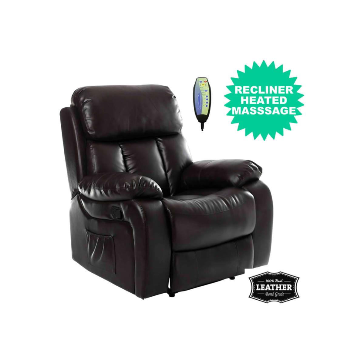 CASPER Manual Heated Leather Massage Recliner Armchair - Brown