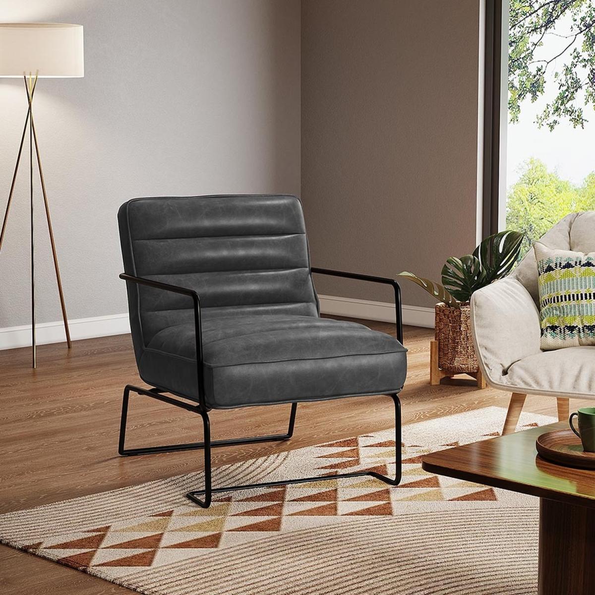 Mid-Century PU leather Linen Armchair with Metal Base - Grey – image 4