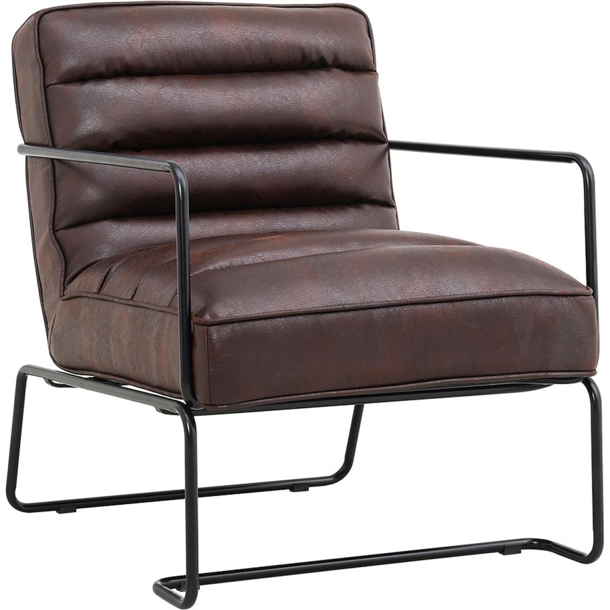 Mid-Century PU leather Linen Armchair with Metal Base - Brown – image 2