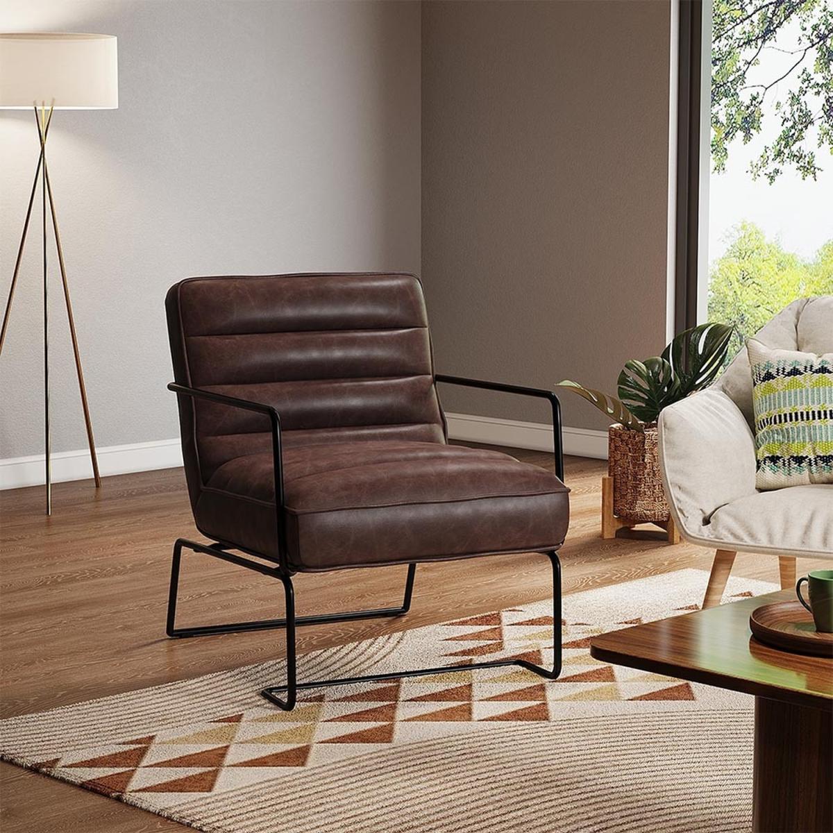 Mid-Century PU leather Linen Armchair with Metal Base - Brown – image 6