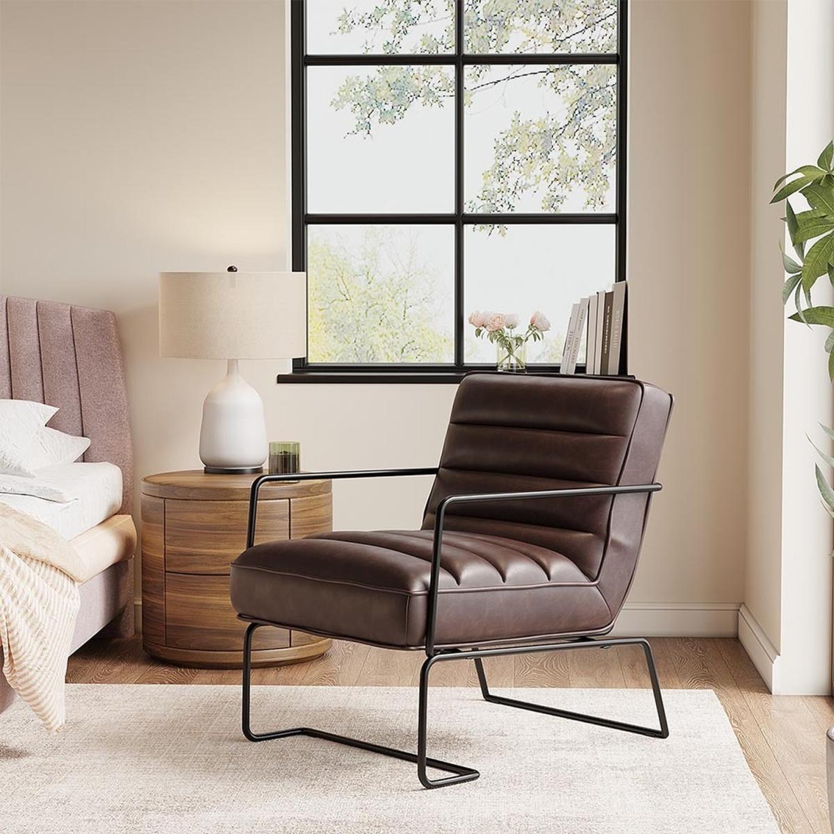 Mid-Century PU leather Linen Armchair with Metal Base - Brown – image 1