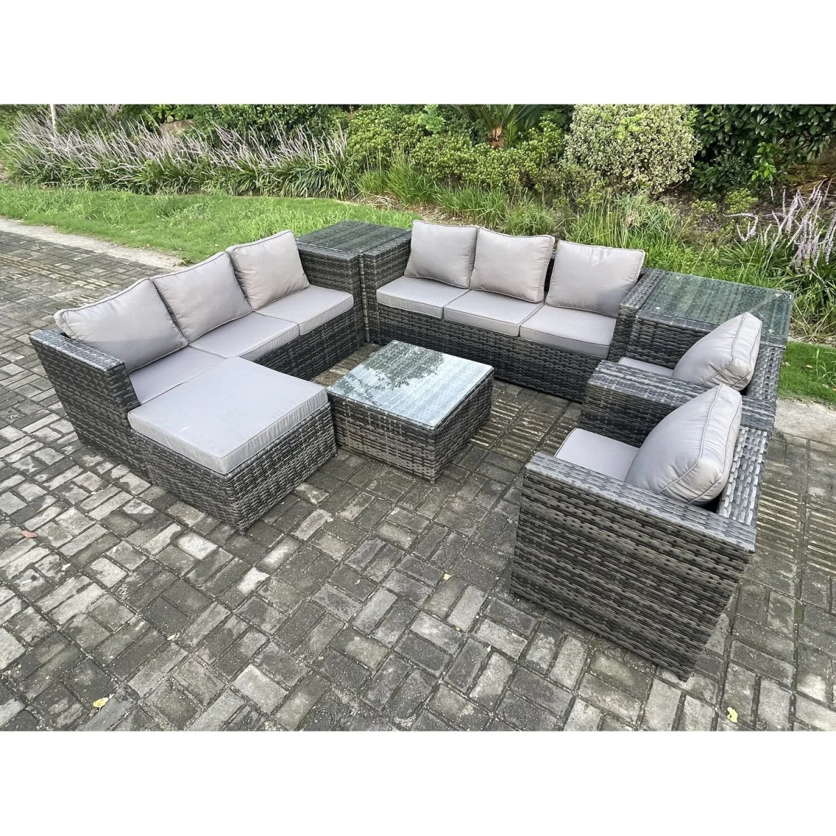 Fimous 9-Seater Rattan Set with 2 Armchairs, Coffee Table & Stool - Dark Grey – image 3