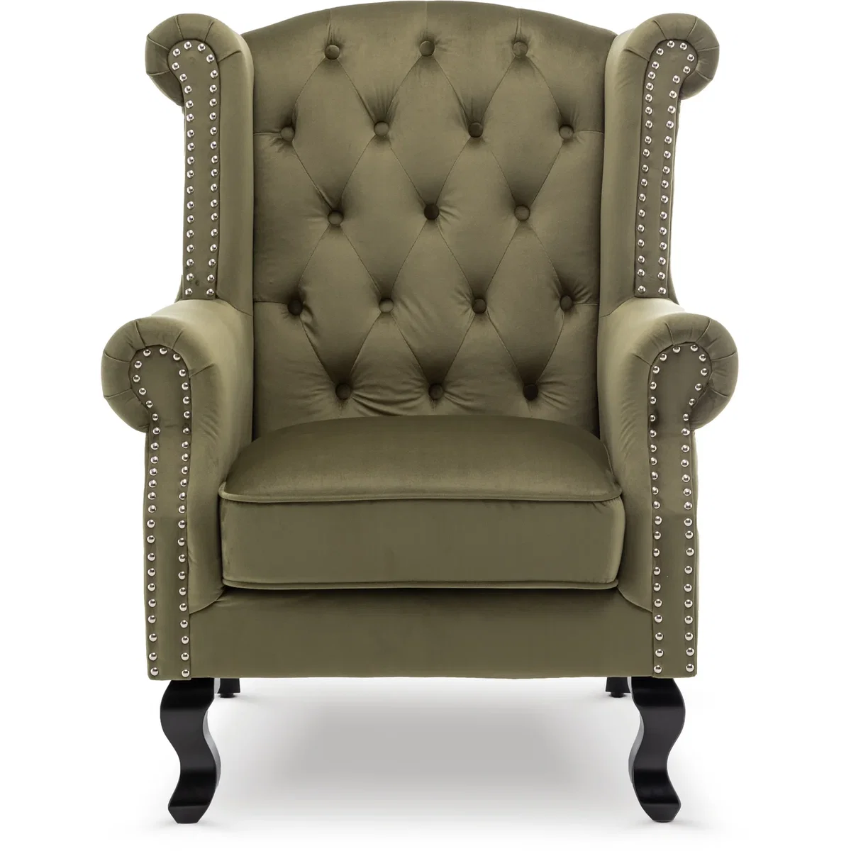 Velvet Sage Green Fireside Henley Wingback Armchair with Buttons - Sage Green – image 2