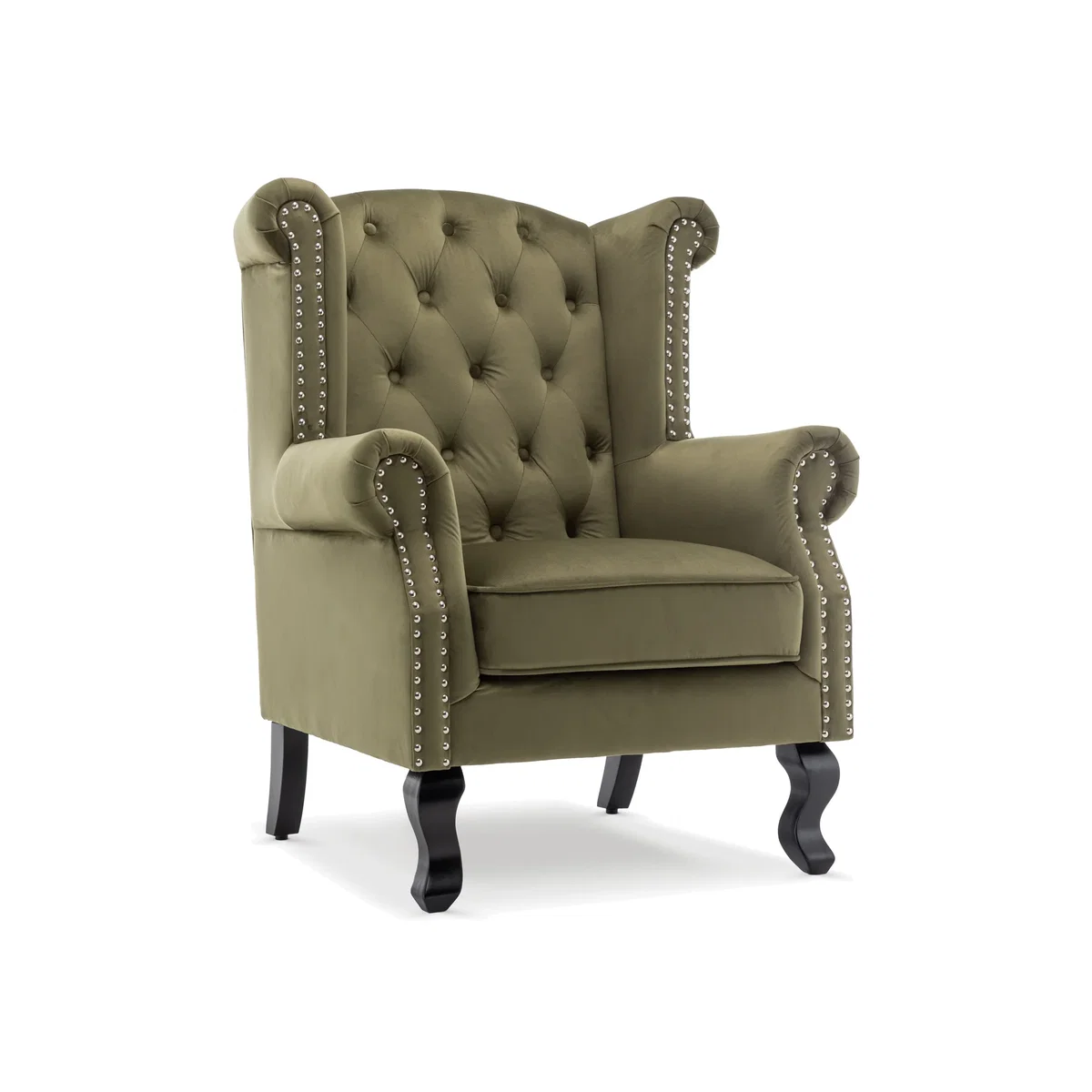Velvet Sage Green Fireside Henley Wingback Armchair with Buttons - Sage Green – image 1
