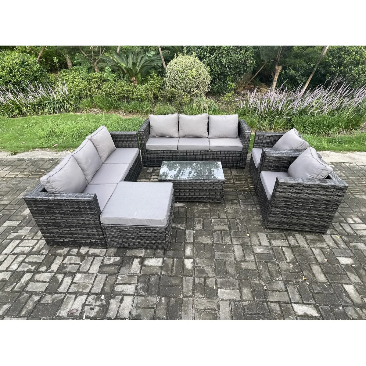 Fimous Rattan Lounge Set with 2 Armchairs, Coffee Table & Stool - Dark Grey – image 3