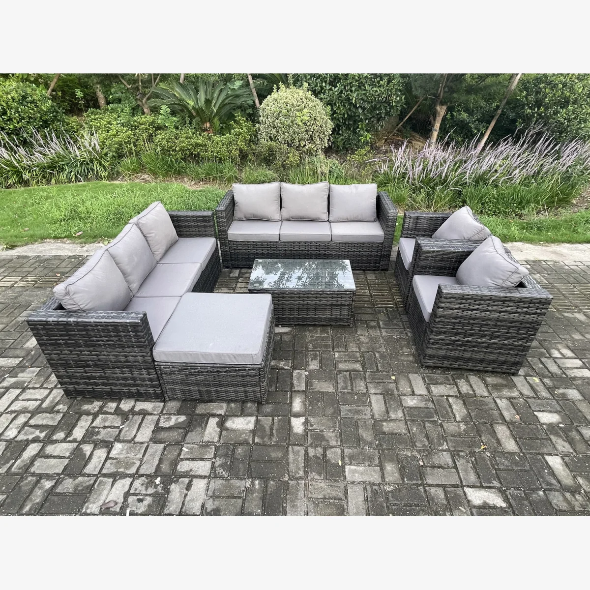Fimous Rattan Lounge Set with 2 Armchairs, Coffee Table & Stool - Dark Grey – image 1