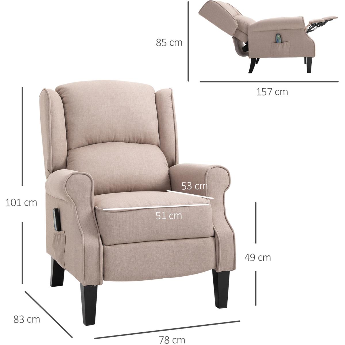 Heated Massage Reclining Armchair with Footrest - Beige – image 5
