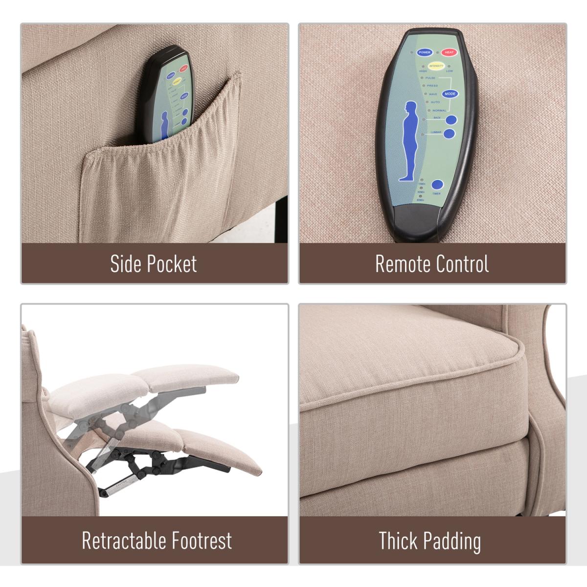 Heated Massage Reclining Armchair with Footrest - Beige – image 6