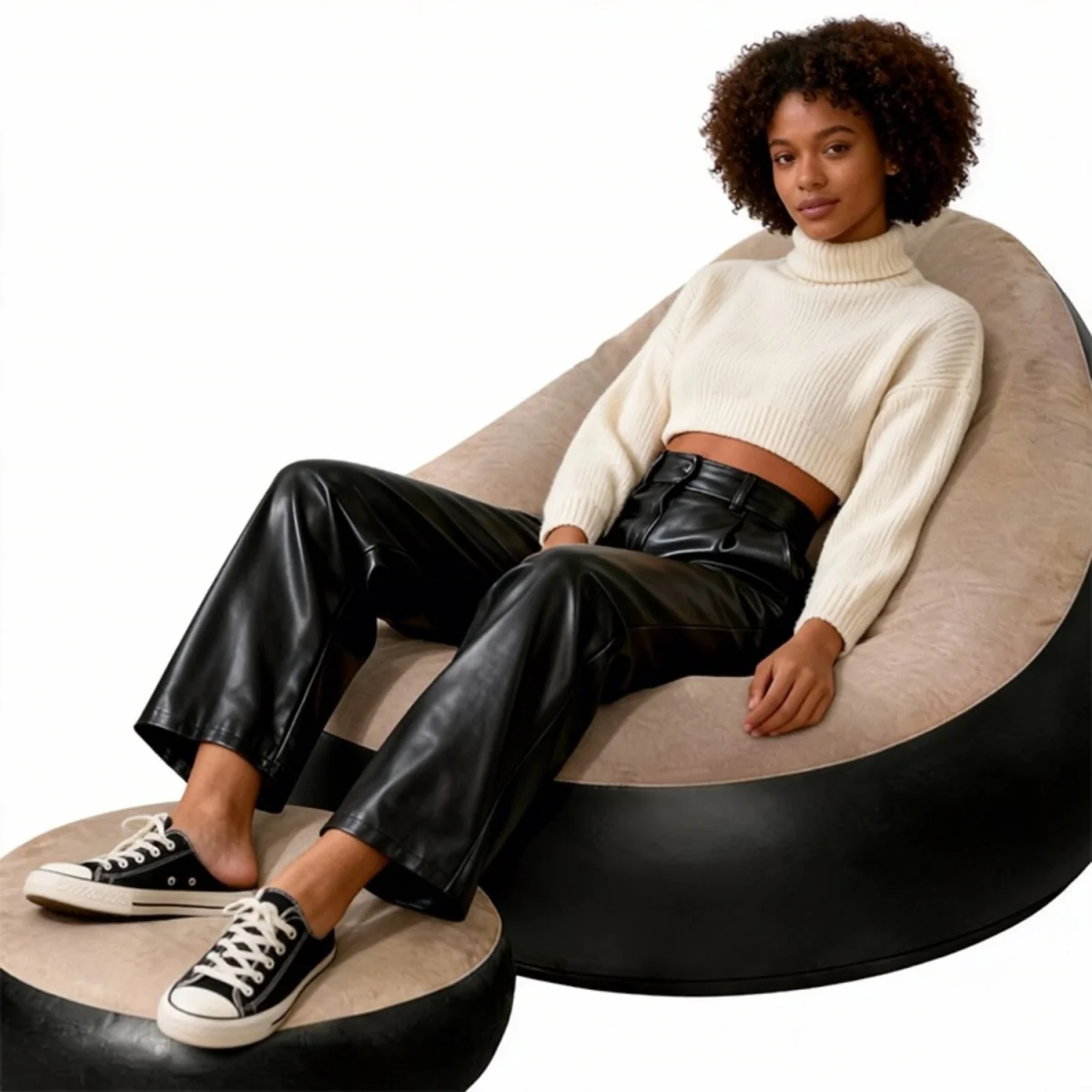 2 Piece Inflatable Lounge Chair With Foot Stool for Gaming - Light Brown – image 2