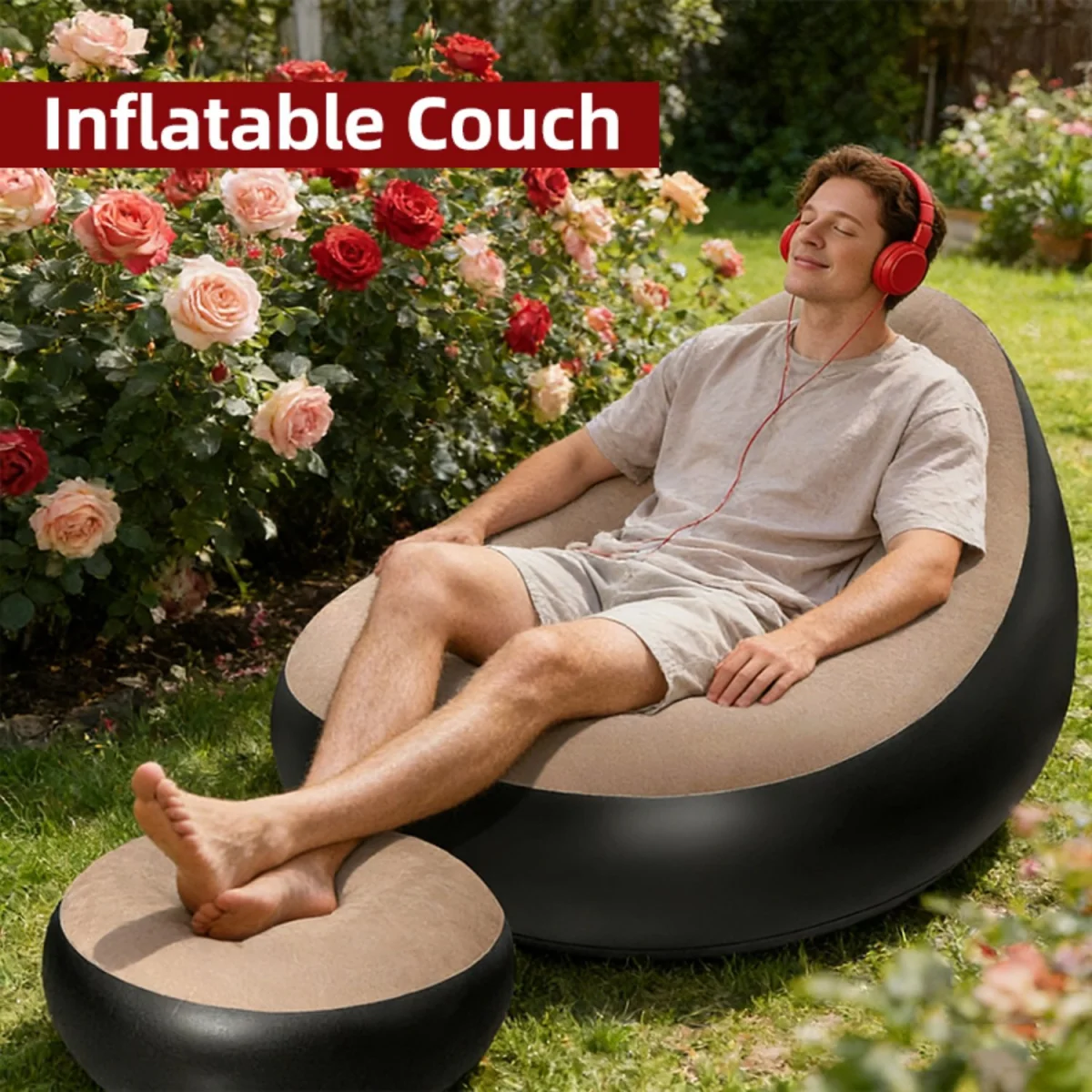 2 Piece Inflatable Lounge Chair With Foot Stool for Gaming - Light Brown – image 4