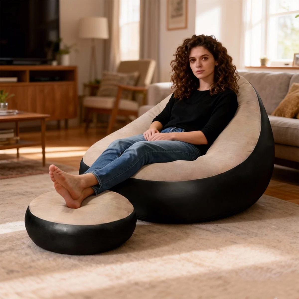 2 Piece Inflatable Lounge Chair With Foot Stool for Gaming - Light Brown – image 5