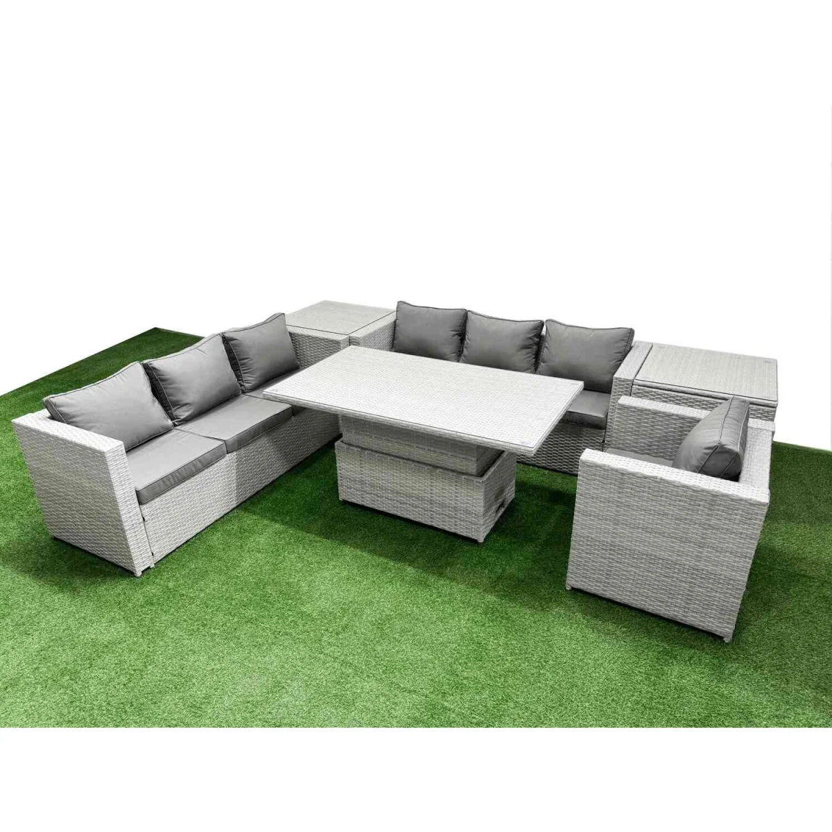Fimous 6-Piece Rising Dining Rattan Set, Two 3-Seater Sofas, Armchair and Tables, Light Grey. - Light Grey Mixed – image 2