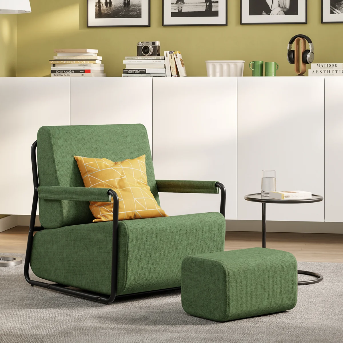 Fabric Armchair with Footstool - Dark Green – image 15
