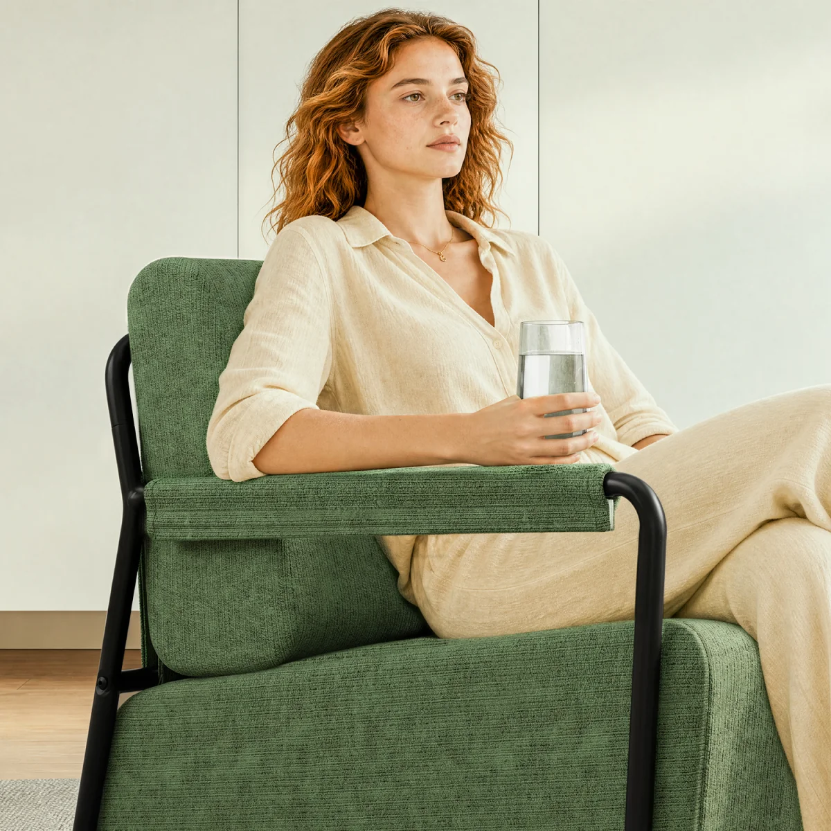 Fabric Armchair with Footstool - Dark Green – image 24